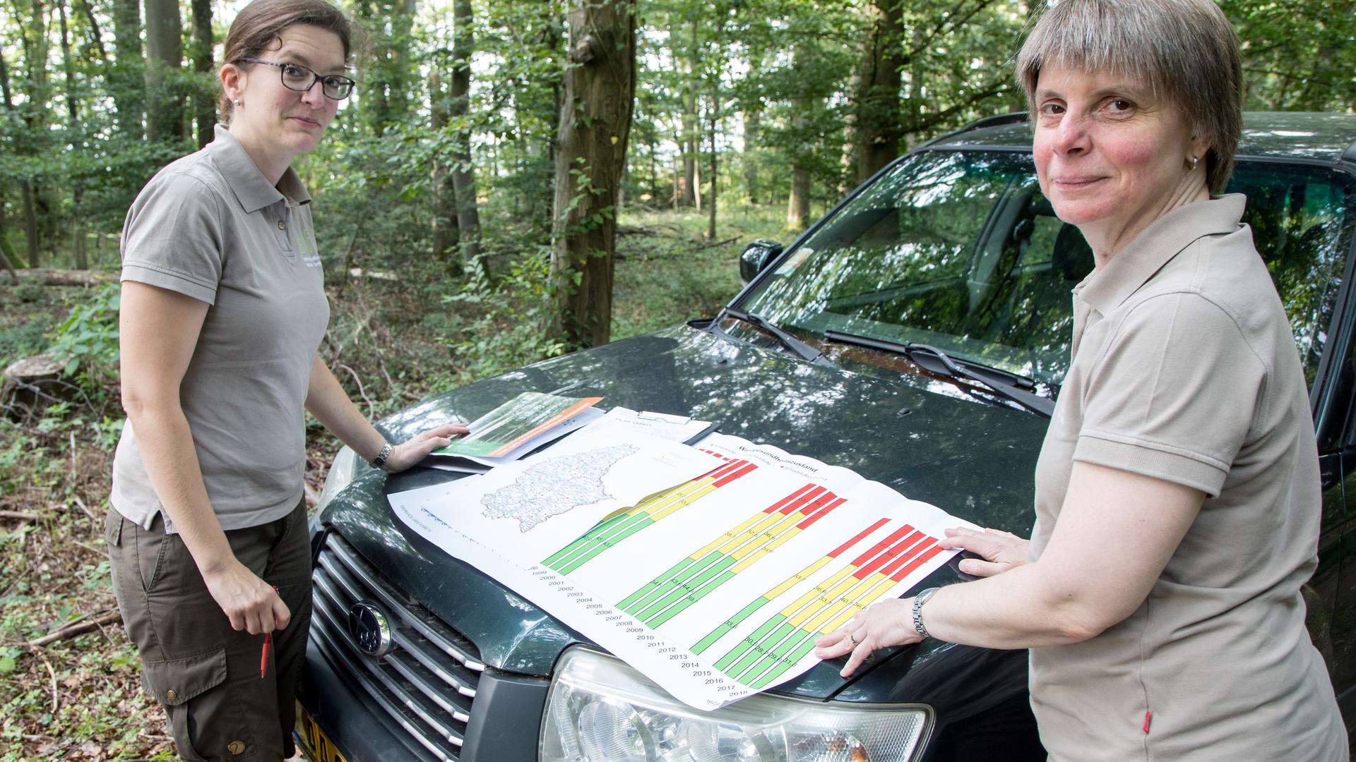 Die Försterin Elisabeth Freymann (links) und die Leiterin des Service des Forêts der Naturverwaltung Martine Neuberg sind derzeit an der Erhebung des Gesundheitszustandes der Wälder beteiligt. 