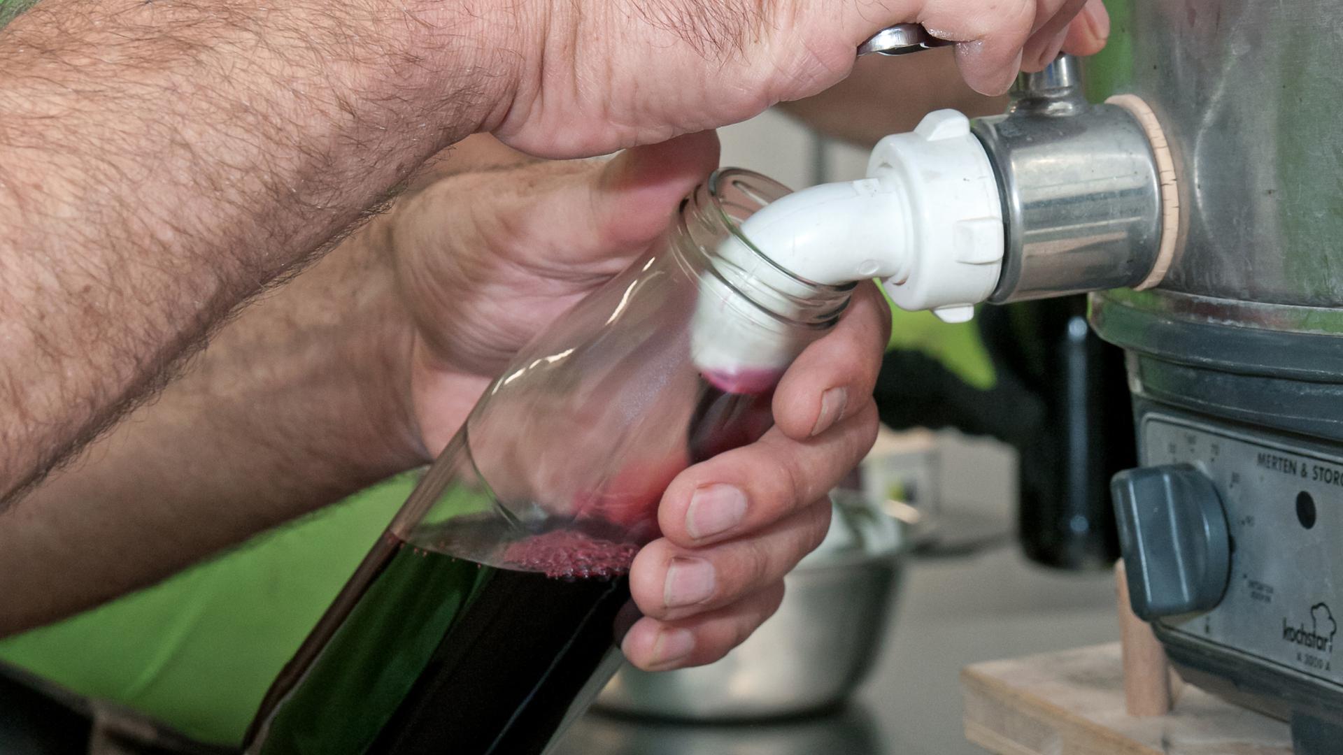 Der Johannisbeersirup wird nach dem Kochen in Flaschen gefüllt. 