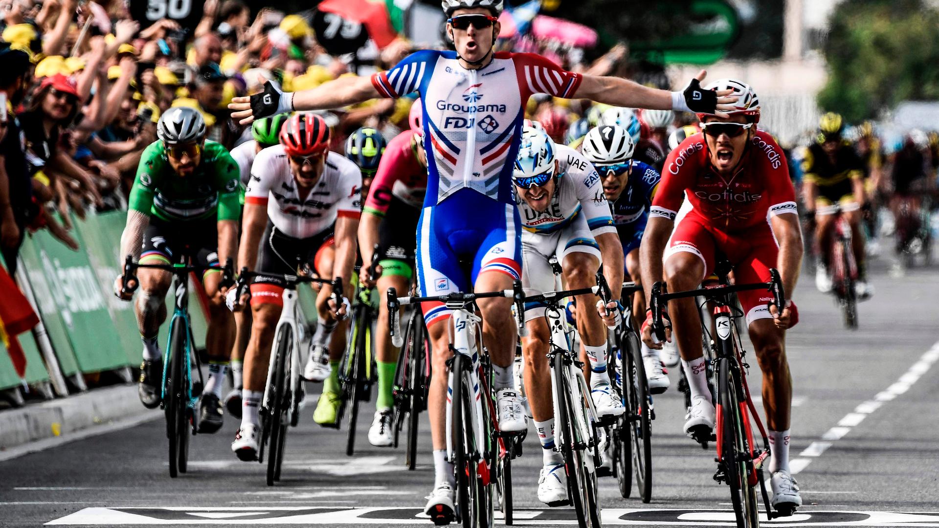France's Arnaud Demare (C) celebrates as he crosses the finish line to win the 18th stage of the 105th edition of the Tour de France cycling race, on July 26, 2018 between Trie-sur-Baise and Pau, southwestern France. / AFP PHOTO / Philippe LOPEZ