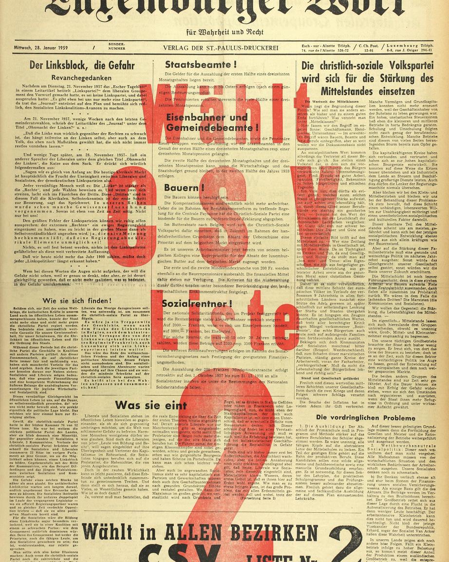 Dans son édition du 28 janvier 1959, le "Luxemburger Wort" invitait ses lecteurs à voter pour le CSV