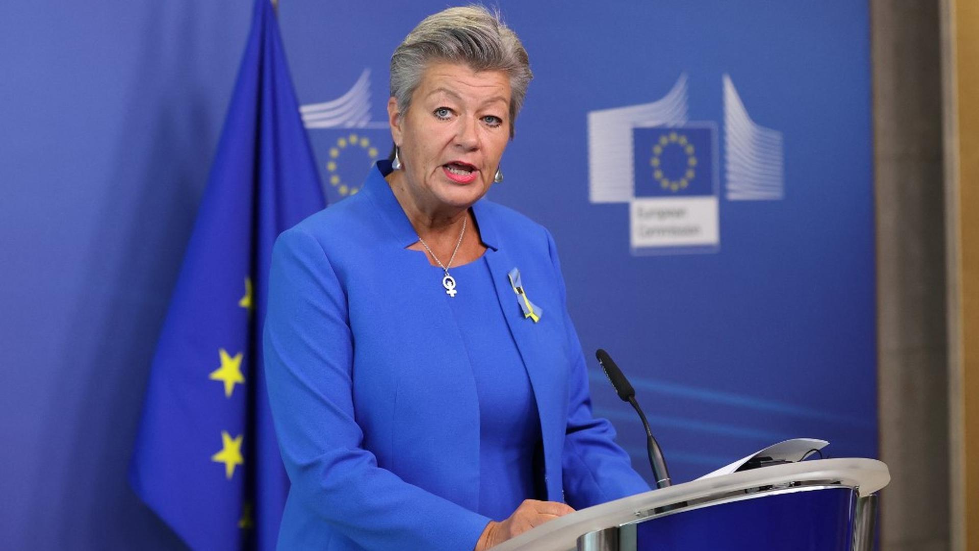 Photo non datée de la commissaire européenne chargée des affaires intérieures, Ylva Johansson, lors d'une conférence de presse.
