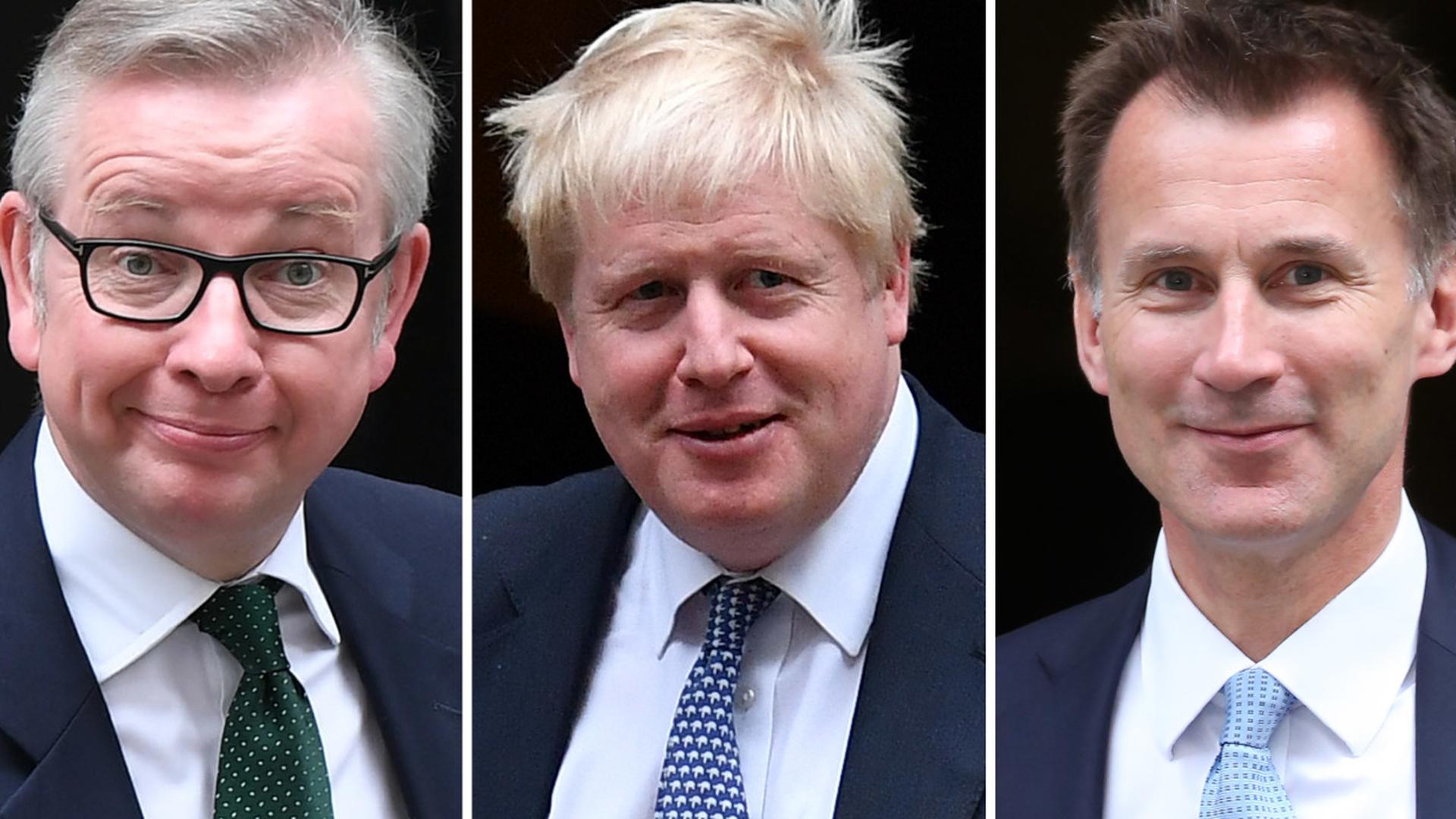 A combination of pictures created in London on June 13, 2019 shows the seven contenders left in the race for leader of the Conservative party after the first round of voting.(L-R) Britain's International Development Secretary Rory Stewart, Former Brexit Secretary Dominic Raab, Britain's Environment, Food and Rural Affairs Secretary Michael Gove, former foreign secretary Boris Johnson, Britain's Foreign Secretary Jeremy Hunt, Britain's Home Secretary Sajid Javid and Britain's Health and Social Care Secretary Matt Hancock. - Boris Johnson overwhelmingly won the first round of voting today in the race to replace outgoing British Prime Minister Theresa May, with the field of candidates narrowed to seven from 10. (Photo by STF / AFP)