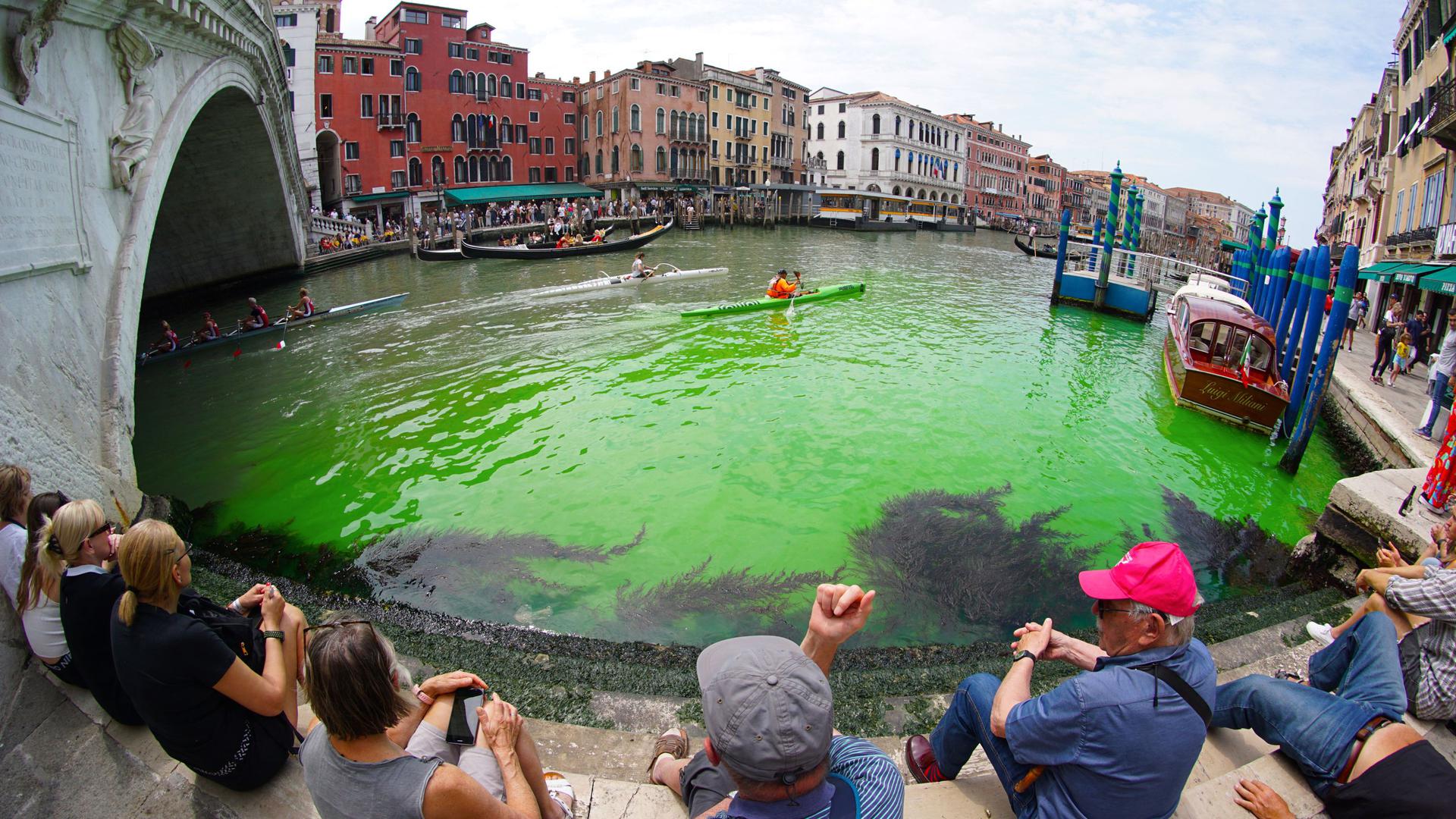 Les passants étaient nombreux à contempler les eaux vertes du Grand Canal de Venise, ce dimanche 28 mai.