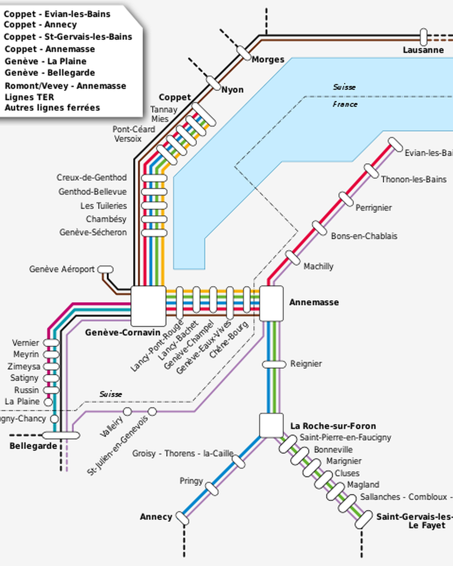 Les 230km de voies sont réparties entre les six lignes du réseau Léman Express.