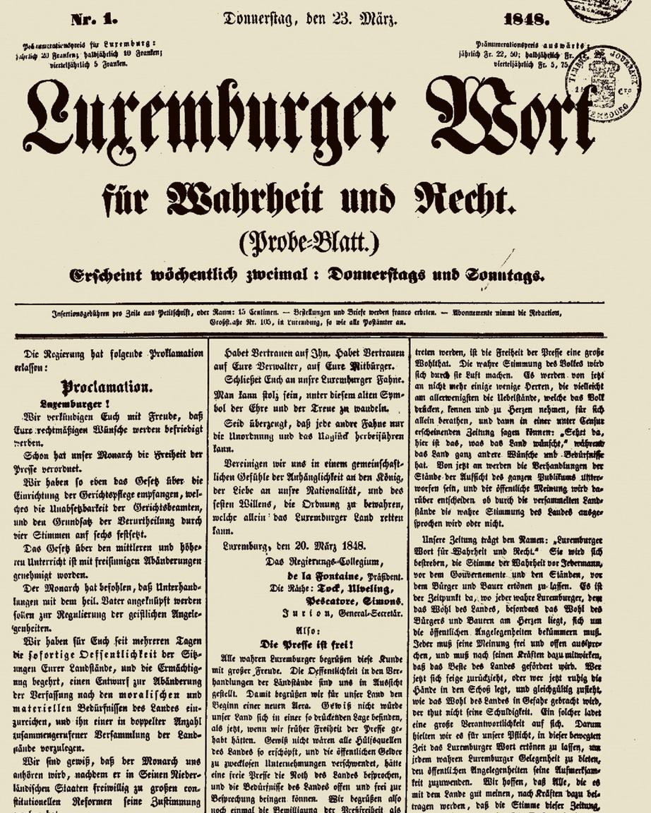 Le 15 mars 1848, la censure de la presse fut abolie par Guillaume II, la déclaration de liberté de la presse fut faite par proclamation gouvernementale le 20 mars. Trois jours plus tard, le 23 mars, le premier numéro du "Luxemburger Wort" paraissait déjà.