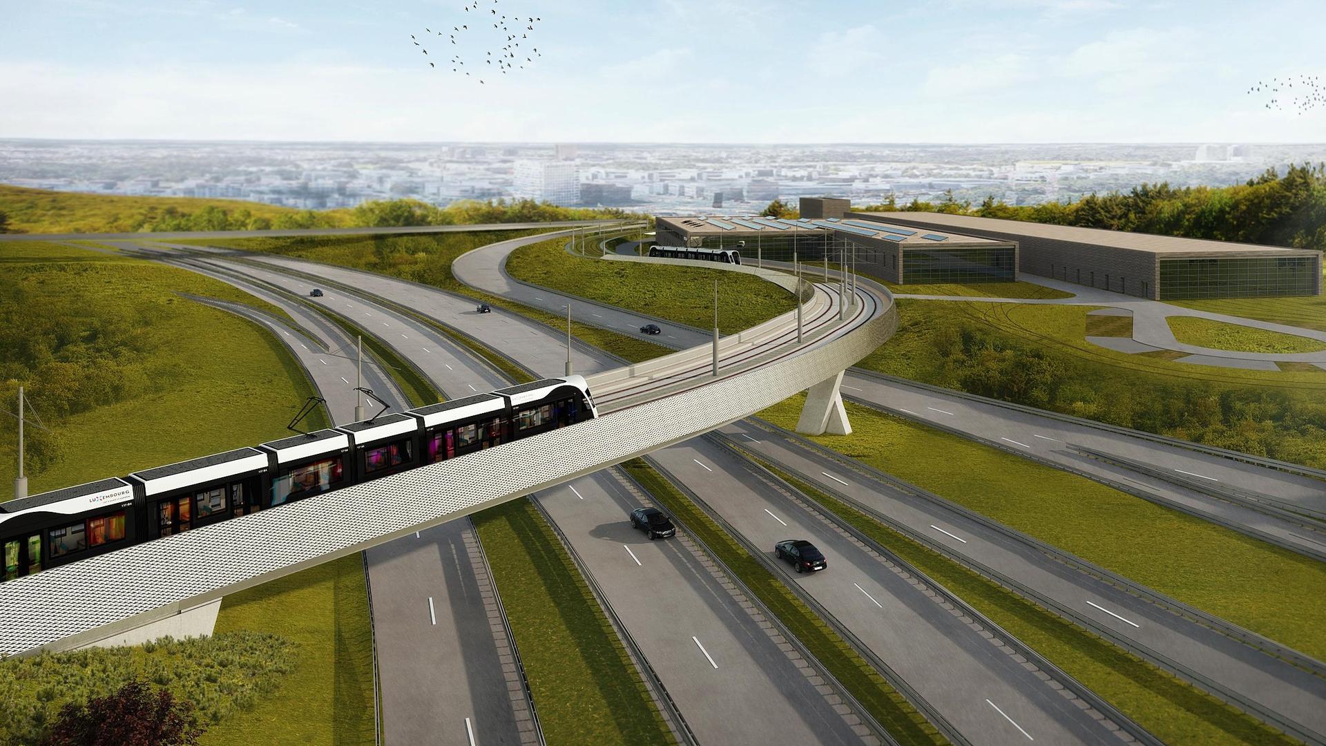 Le tram doit passer au-dessus de l'autoroute A1 puis traverser la forêt de Grünewald pour rejoindre le Findel. 