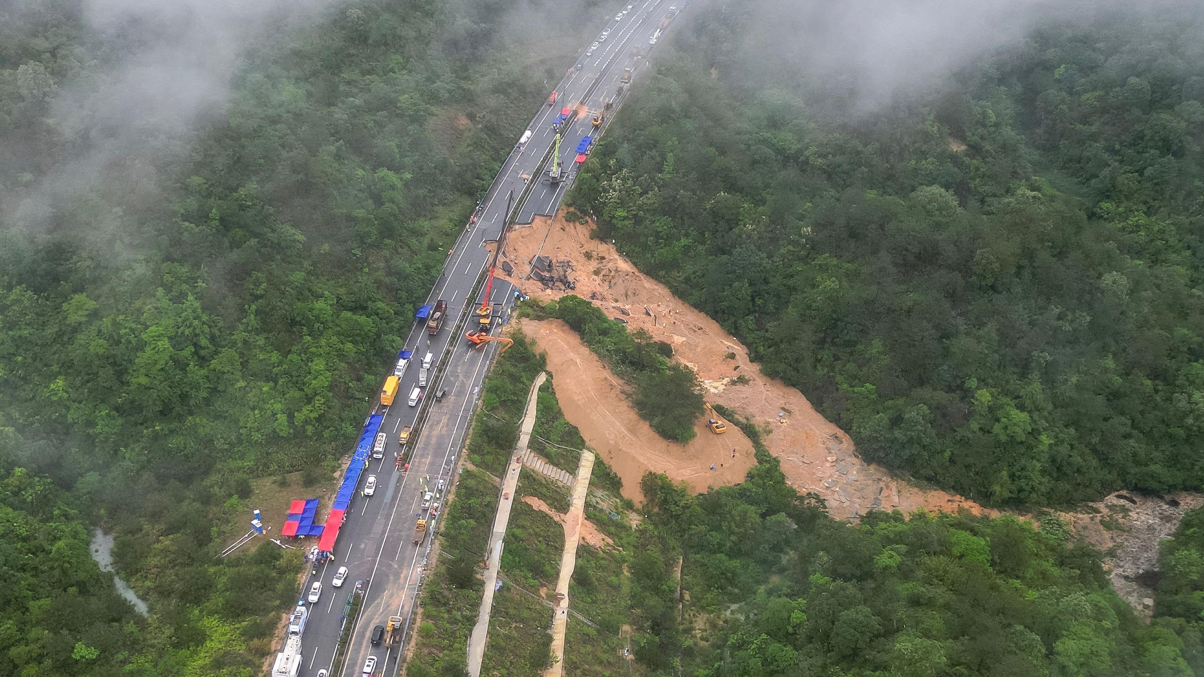 This photo taken on May 1, 2024 shows an aerial view of a collapsed section of a highway near Meizhou, in southern Chinas Guangdong province. At least 36 people died after part of a highway collapsed due to heavy rain on May 1, state media said. (Photo by CNS / CNS / AFP) / China OUT