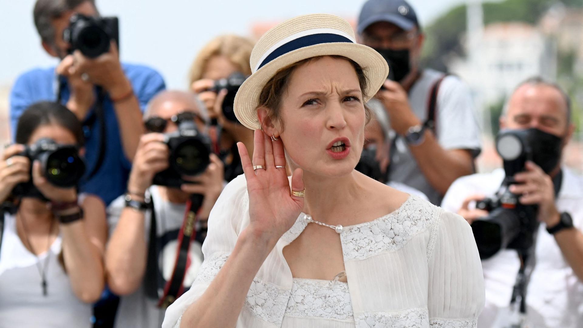Luxembourg actress Vicky Krieps poses during a photocall for the film "Bergman Island" at the 74th edition of the Cannes Film Festival in Cannes, southern France, on July 12, 2021. (Photo by CHRISTOPHE SIMON / AFP)