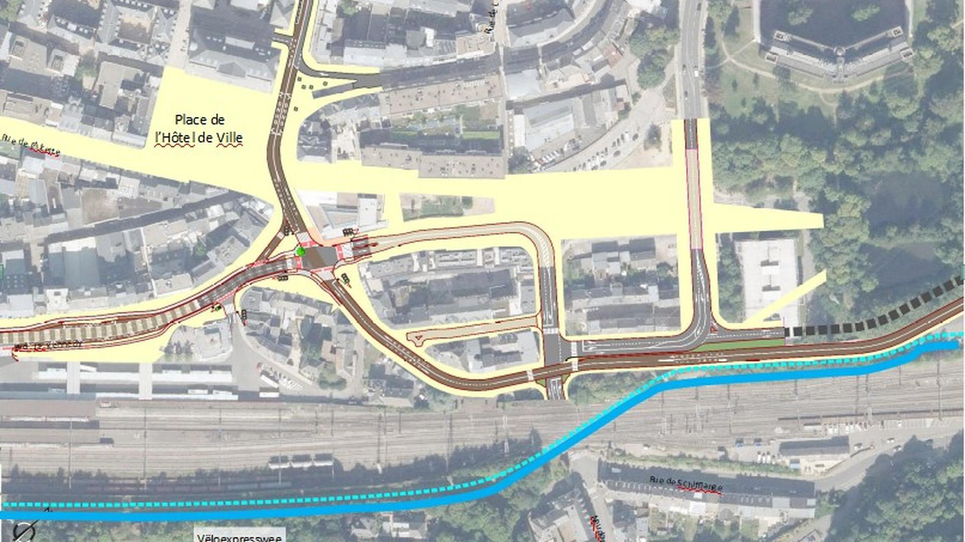 Voici comment le flux de circulation dans le centre d'Esch va changer. Sur la droite, la ligne de bus en direction d'Esch-Schifflange. Sans oublier les voies qui seront réservées aux transports en commun.