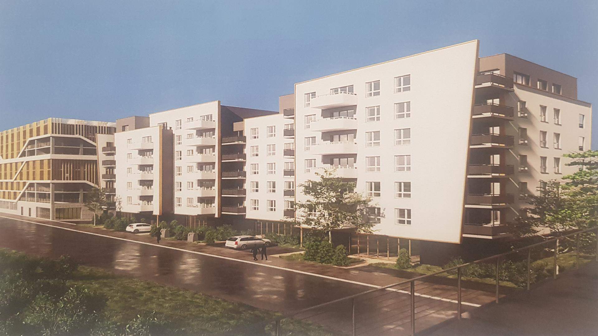 Une esquisse du futur ensemble immobilier comprenant des bureaux et 79 logements, ainsi que le parking silo à gauche.