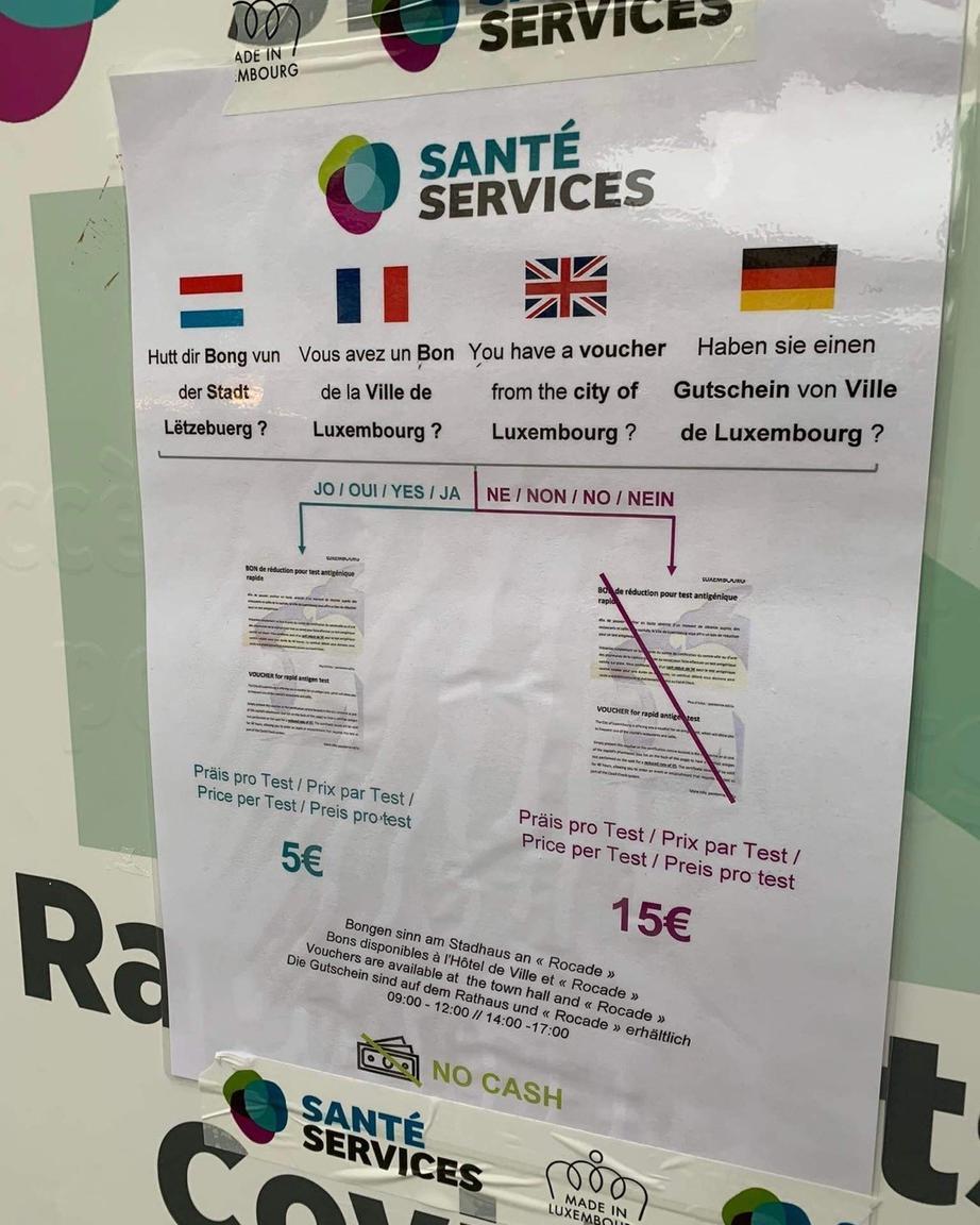 Le tarif des tests était passé de cinq à quinze euros pour les personnes se présentant sans bons au centre de tests de la Ville de Luxembourg.