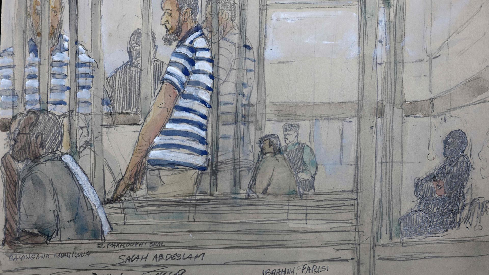 Ce dessin montre l'accusé Salah Abdeslam lors de l'ouverture de l'audience préliminaire du procès des suspects des attentats djihadistes de mars 2016, à Bruxelles, le 12 septembre 2022.